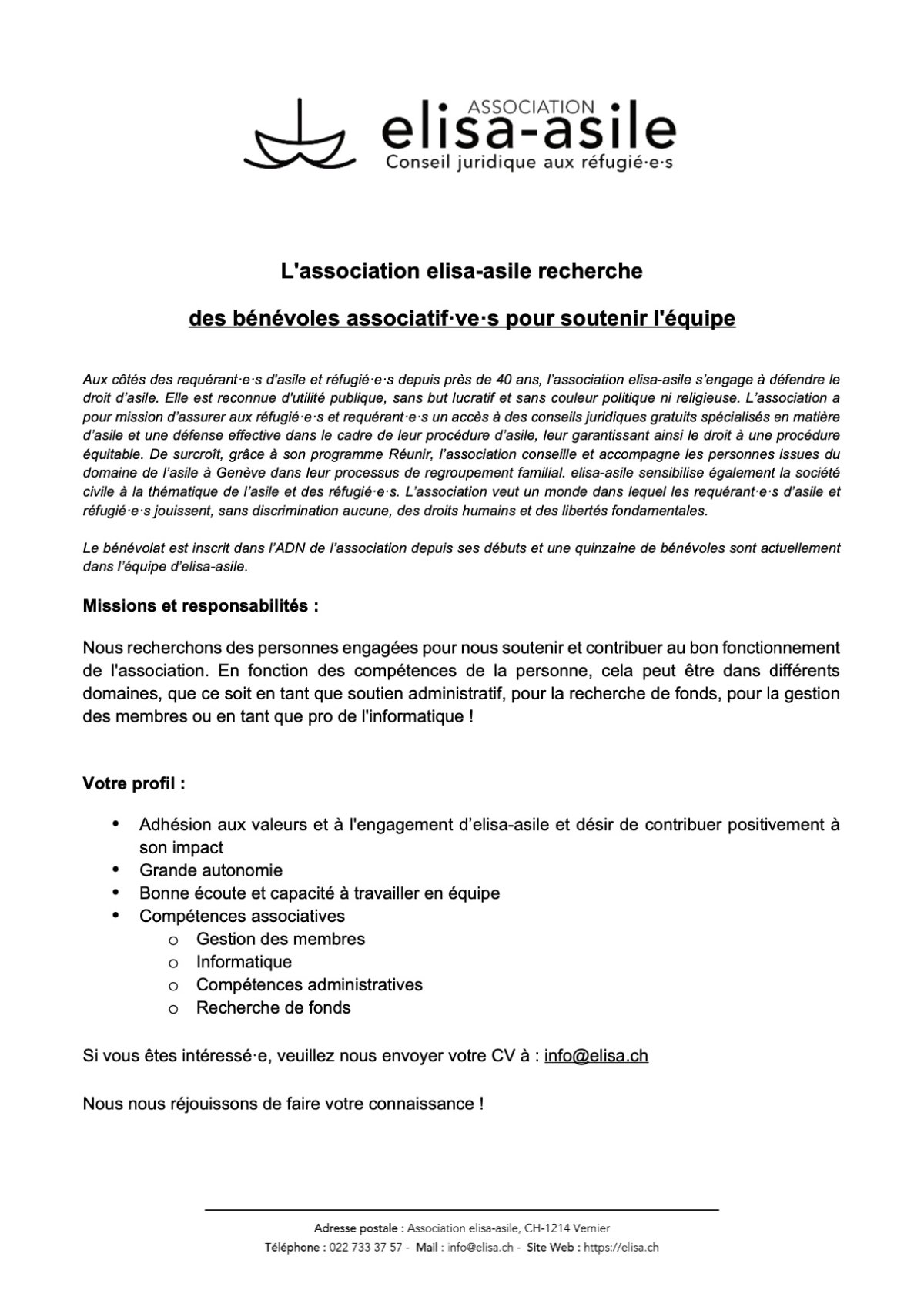 L'association elisa-asile recherche des bénévoles associatif·ve·s pour soutenir l'équipe